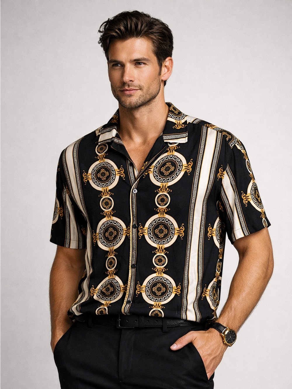 Casa Moda Couture Short‑Sleeve Button Shirt – Baroque Print – spring shirt